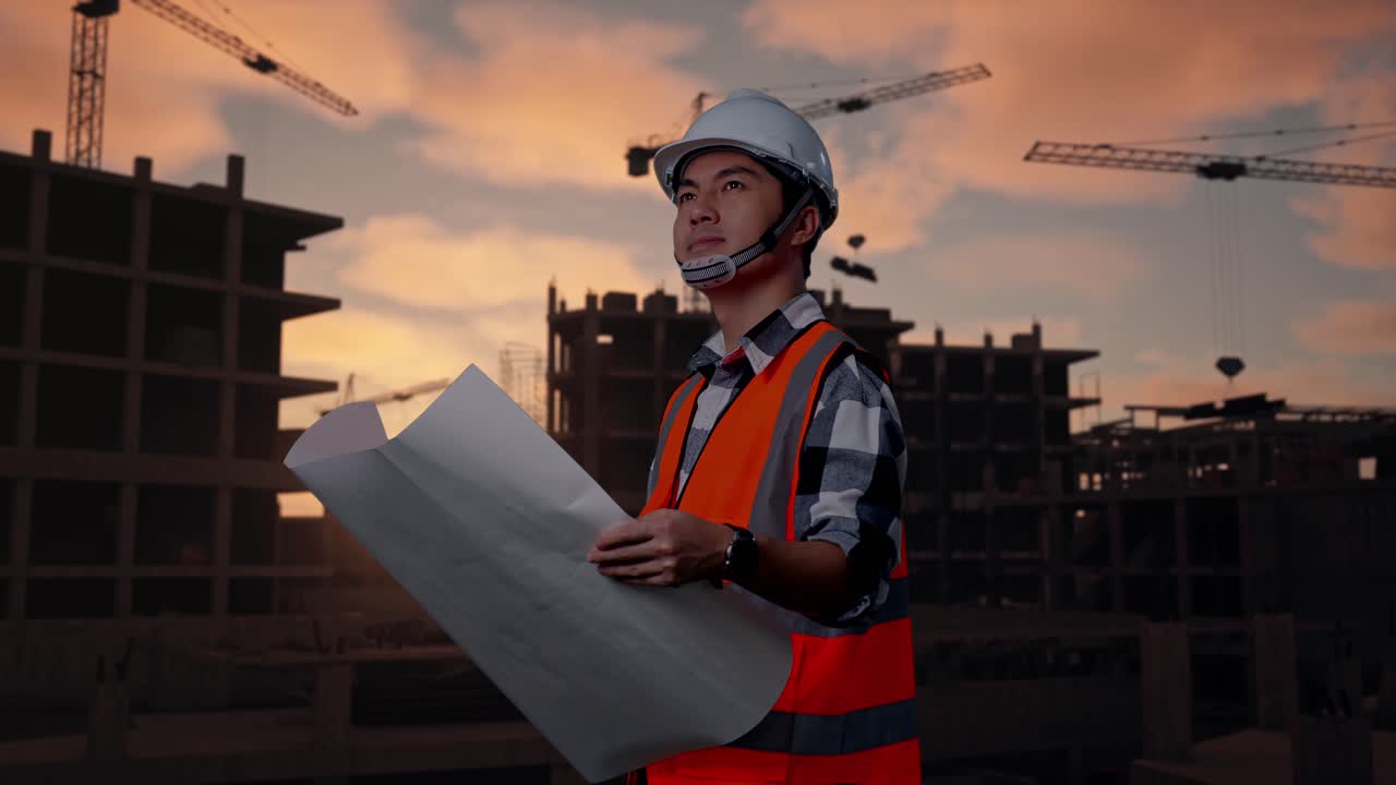 Side View Of Asian Male Engineer With Safety Helmet Looking At Blueprint In His Hands And Looking Around While Standing At Building & Construction Site in Progress to New House