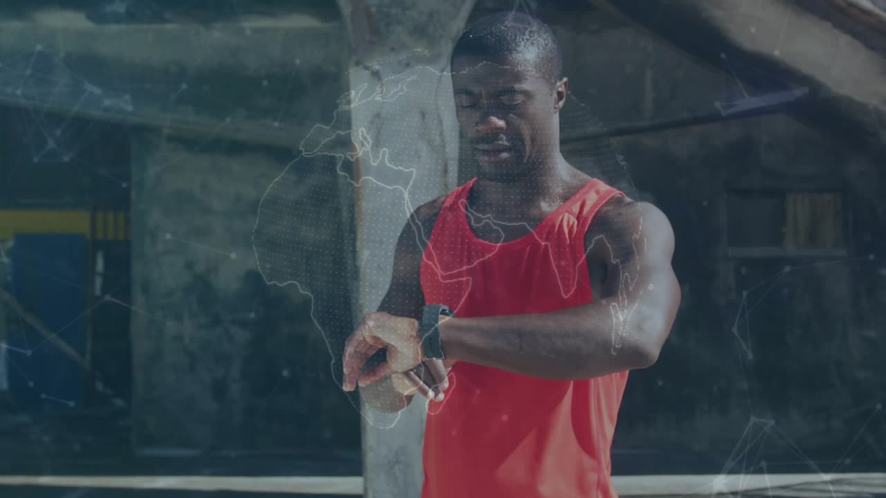 Atleta che abbassa lo sguardo e tocca lo smartwatch, causando la sovrapposizione di una mappa sul busto durante il monitoraggio della forma fisica