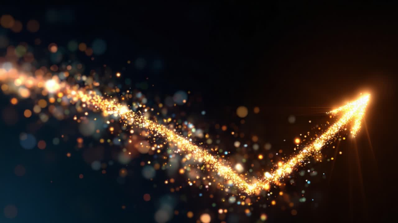 Dynamic Sparkling Arrow Illustrating Growth and Progress Through Glittering Particles Against a Dark Background, Perfect for Concept Visuals Related to Success and Achievement