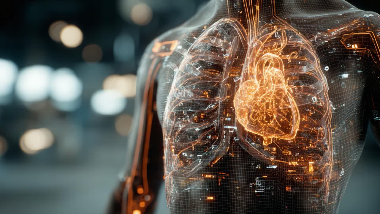 Ilustração de um Corpo Humano com Visualização Aprimorada de Pulmões e Coração, Mostrando Detalhes Intrincados e Efeitos de Luz Dinâmicos em um Contexto Moderno.
