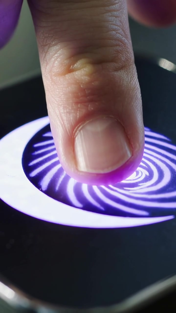 Vertical video: Pressing adult fingertip activating purple glow on phone spiral on table in room