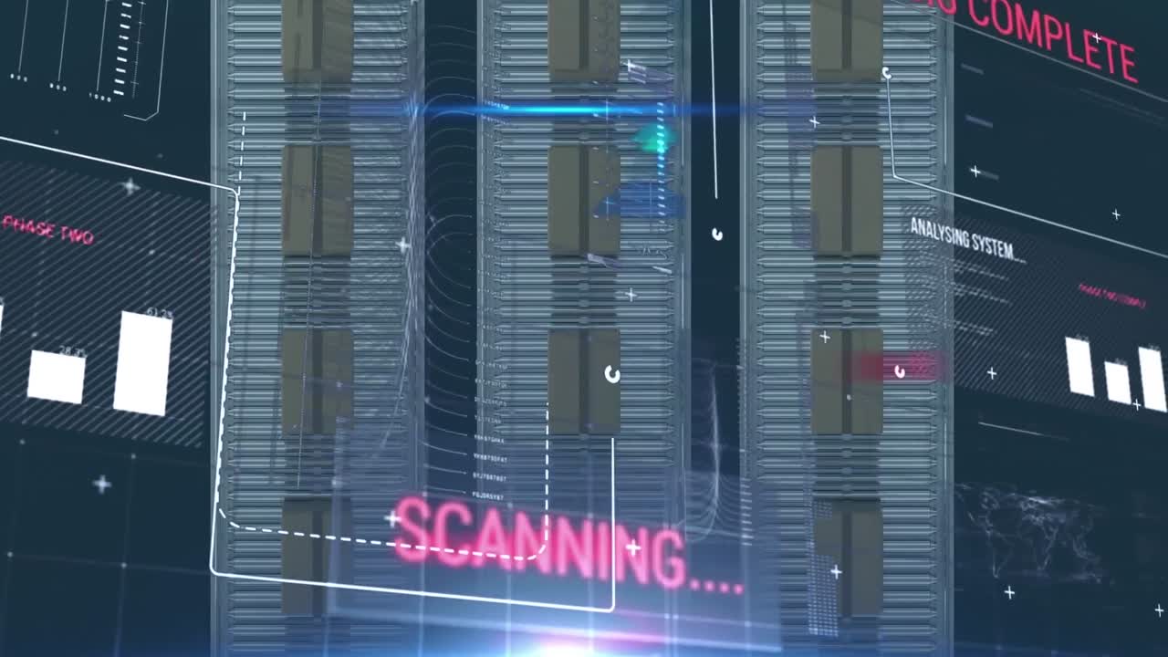 파란색 배경에 대한 컨베이어 벨트에 있는 여러 상자에서 데이터 처리를 하는 디지털 인터페이스