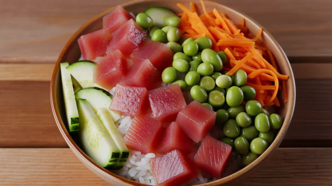 Close-up of a Fresh and Colorful Tuna Poke Bowl with Rice, Edamame, Cucumber, and Carrots