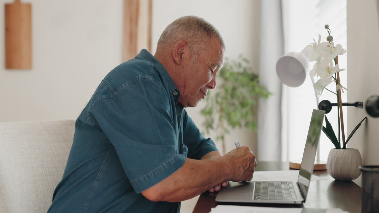 Home, writing and old man reading documents