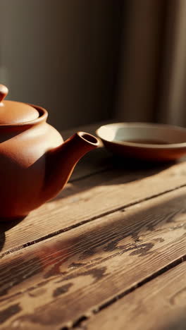 teapot and bowl on a sunlit wooden table