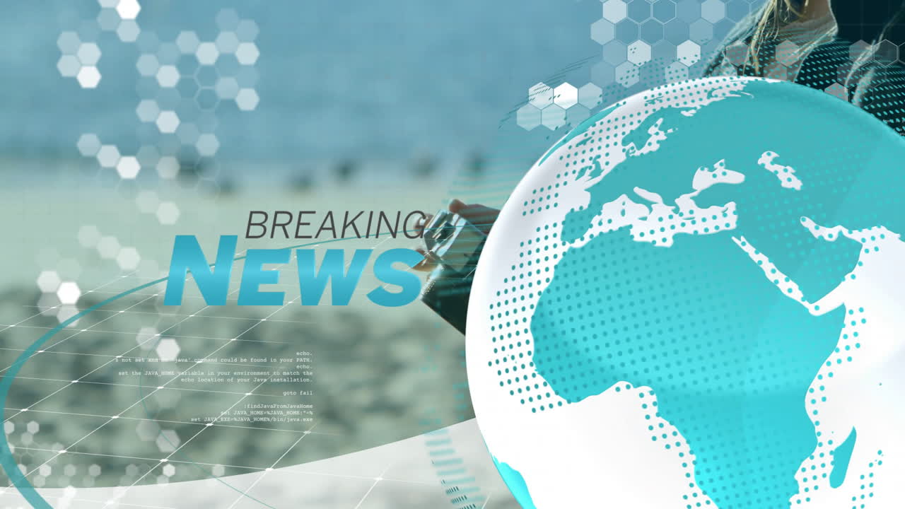 Breaking news animation with globe and digital elements over blurred background