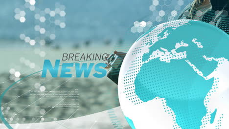 breaking news animation with globe and digital elements over blurred background
