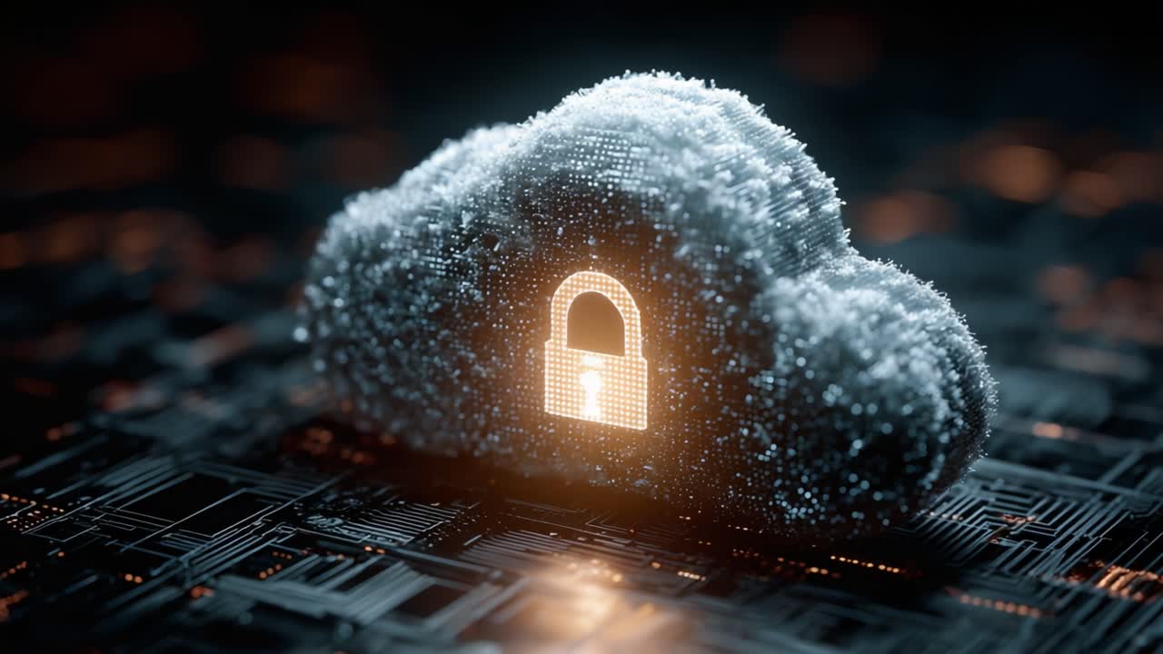 A visually captivating representation of cloud security featuring a stylized cloud with a glowing padlock symbolizing data protection and privacy in the digital realm