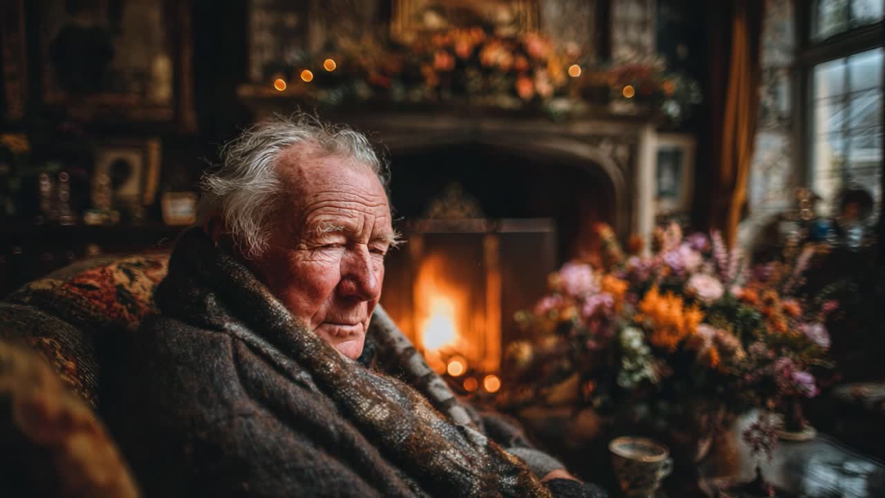 A Reflective Moment: An Elderly Man Wrapped in a Cozy Blanket Gazes Thoughtfully by the Warm Fire, Surrounded by Beautiful Flowers in a Vintage Setting