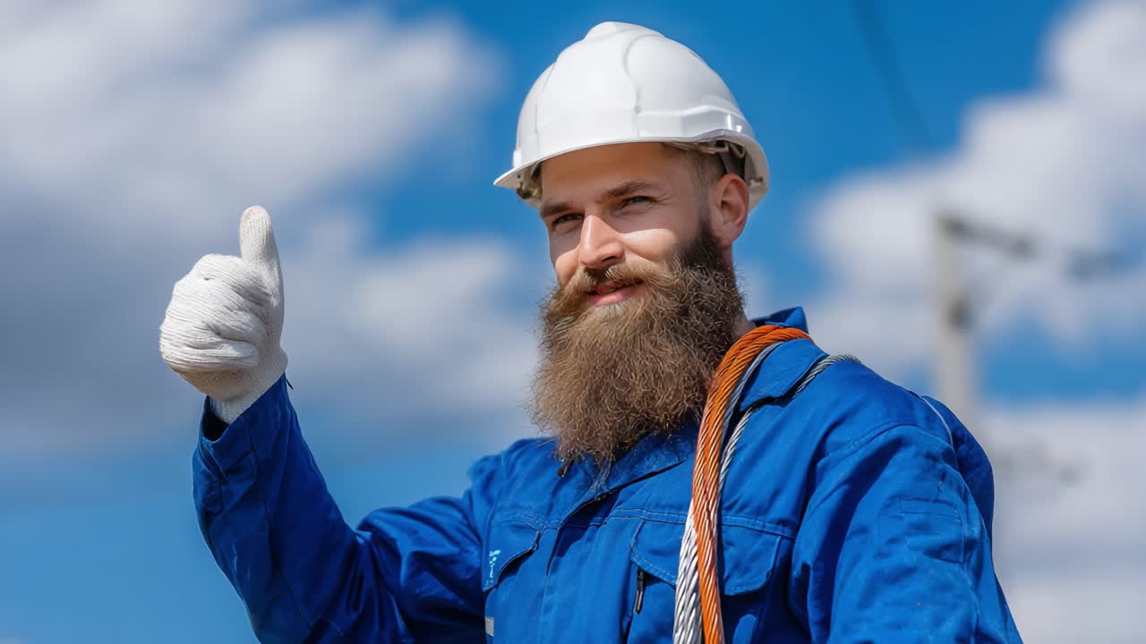 A confident worker in safety gear gives a thumbs-up against a blue sky, showcasing professionalism and positivity in their work environment