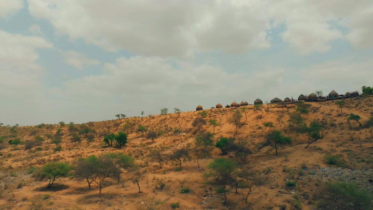 Maestosa aquila rapace che vola sopra un piccolo villaggio situato su una duna di sabbia nel deserto del Thar, Sindh