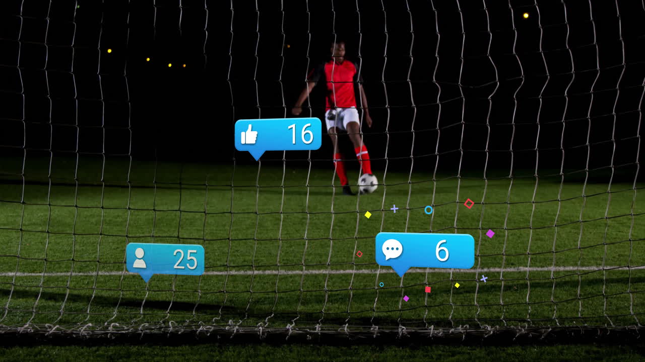 Kicking ball on field, soccer player with animation of social media notifications