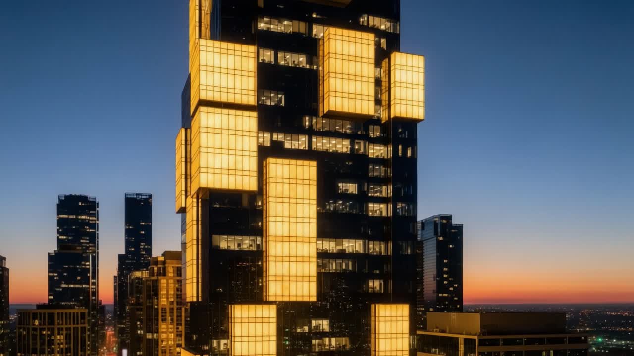 A striking modern skyscraper illuminated at dusk, showcasing geometric patterns and vibrant paneling against a dramatic twilight backdrop in an urban landscape