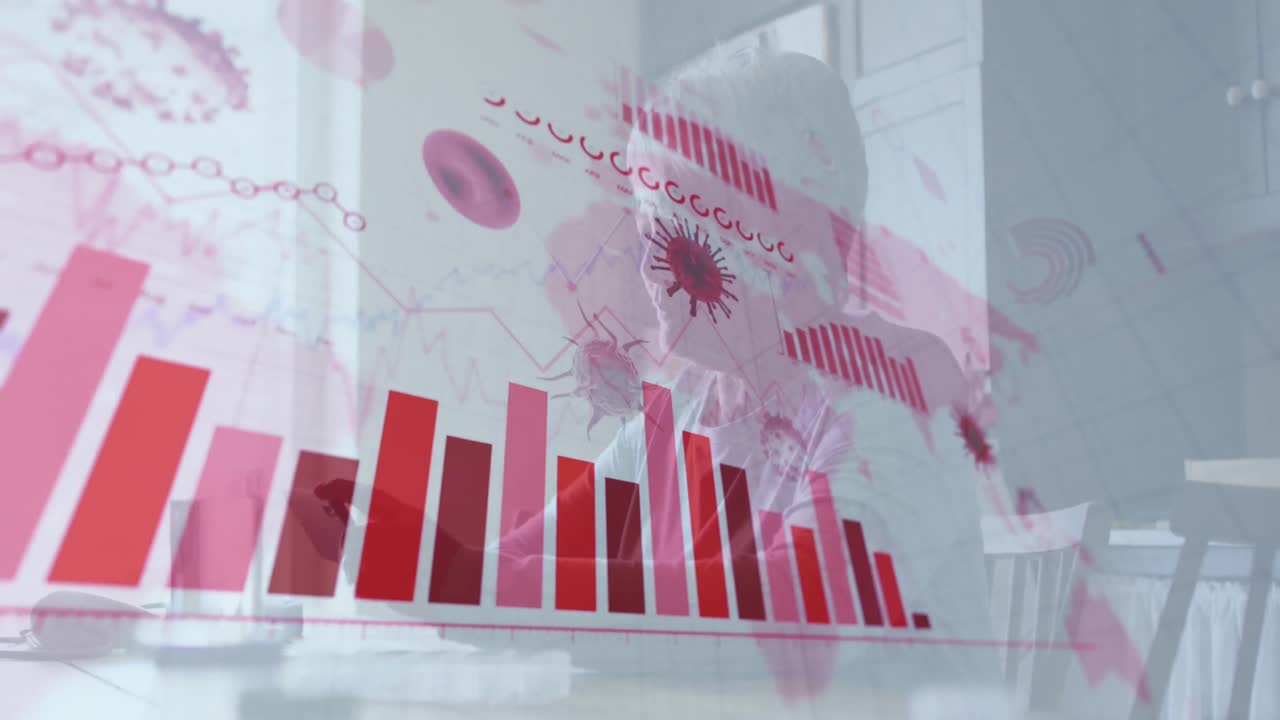 animación de gráficos y células del virus covid 19 sobre una mujer usando un teléfono inteligente