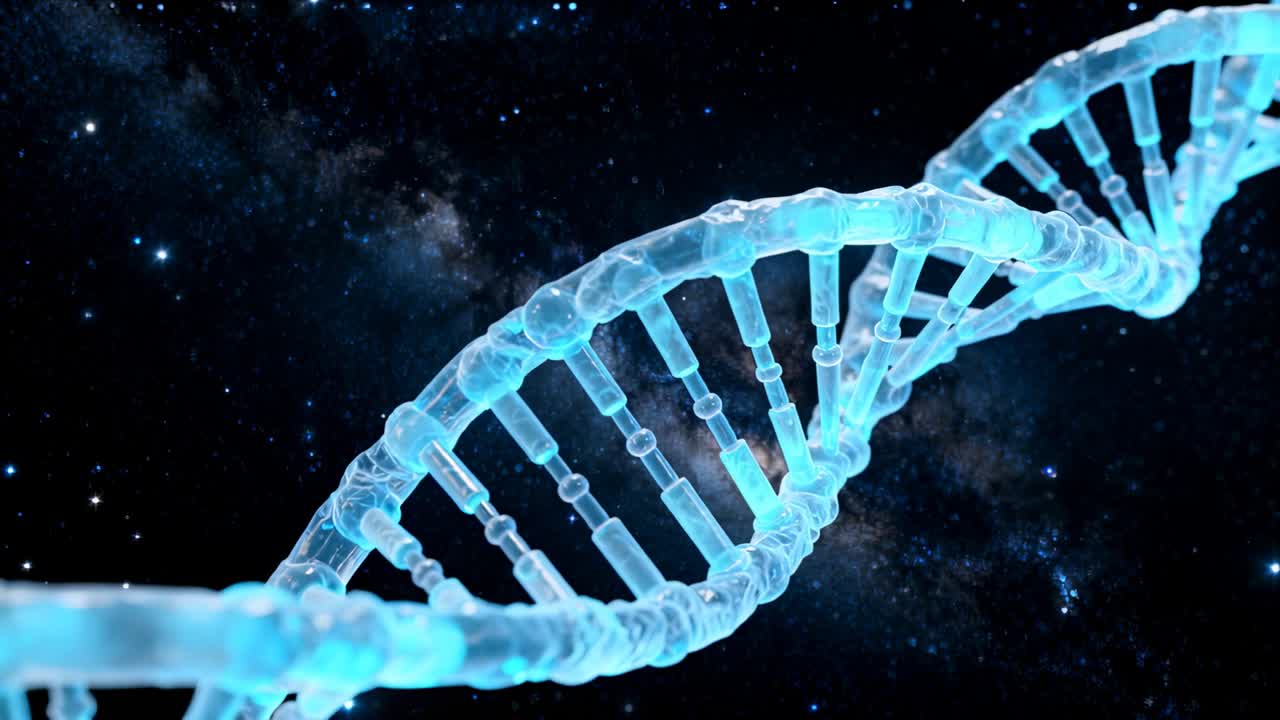 Telecamera in movimento che mostra un'elica di DNA luminosa che si sposta a destra, ruotando tra le stelle, rivelando pioli e perline.