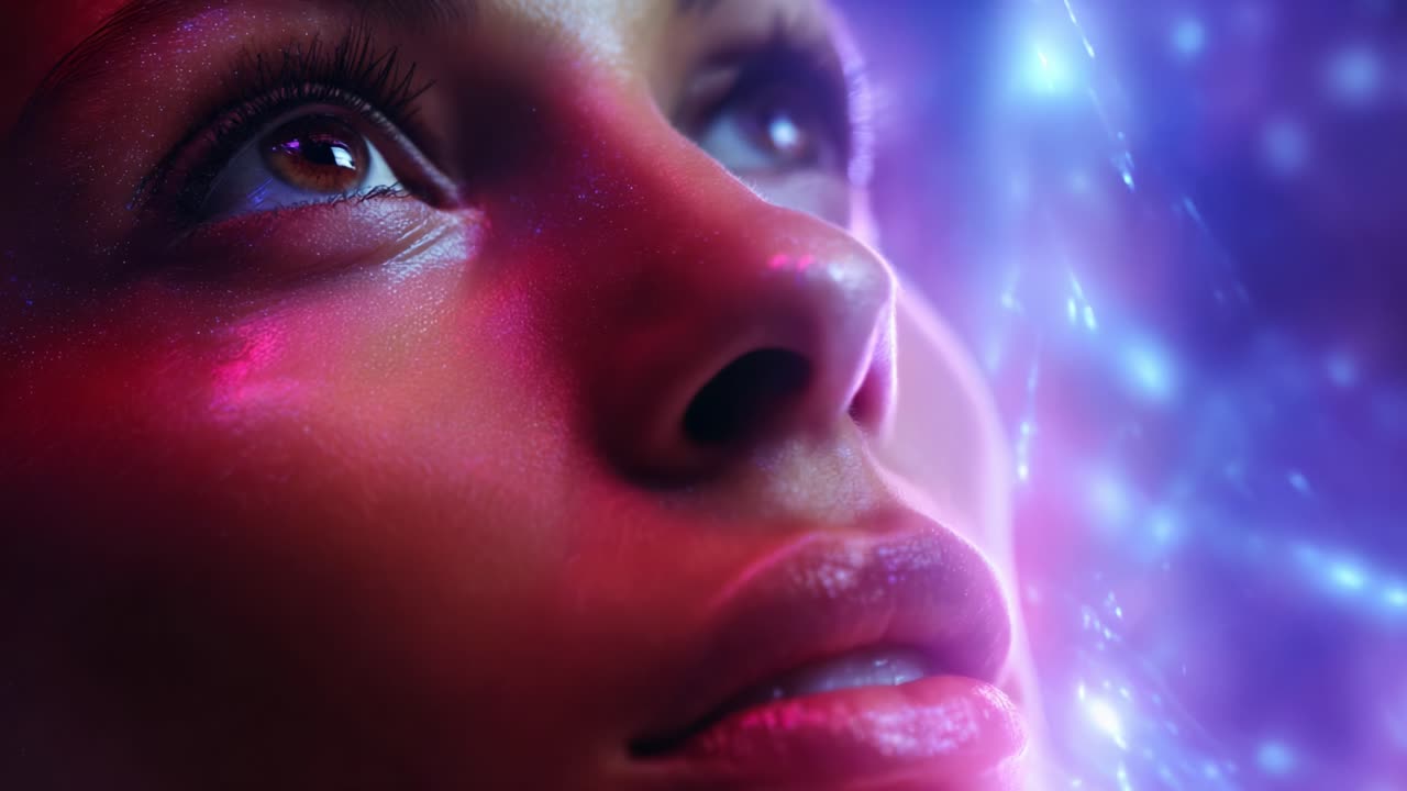 A mesmerizing close-up of a woman's face adorned with vivid, colorful lights, showcasing her intense gaze and beautifully highlighted features that capture the essence of wonder and enchantment in a dreamlike atmosphere