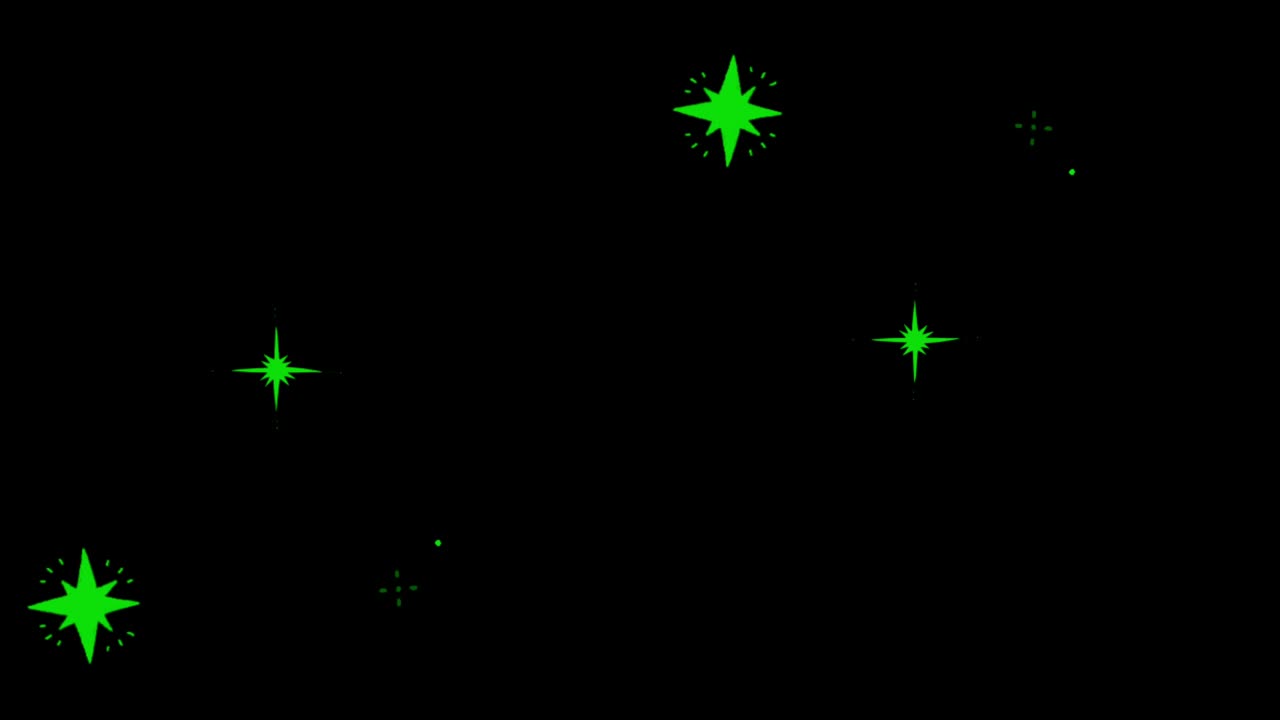 Animation green stars shape sparkles on black background.