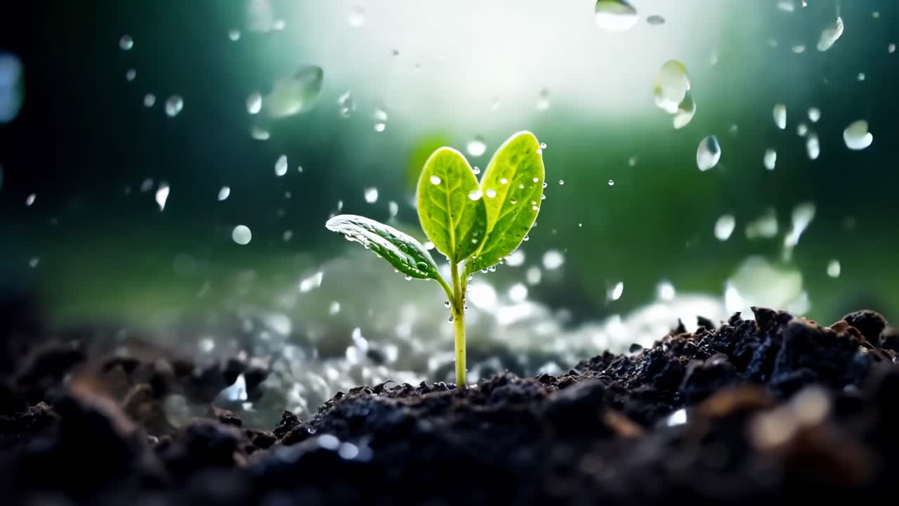 Close-up video of a sprouting plant in soil, captured from a low angle