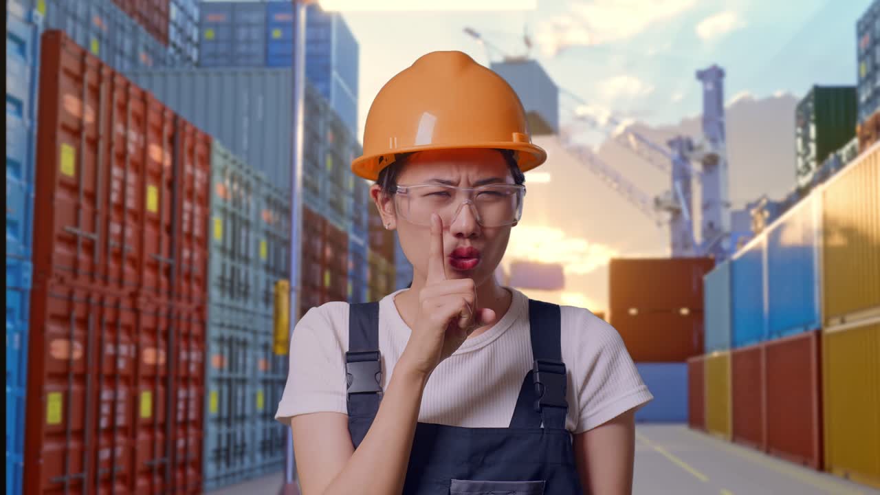 Close Up Of Asian Woman Worker Wearing Goggles And Safety Helmet Looking At Camera And Making Shh Gesture While Standing At Container Yard Warehouse