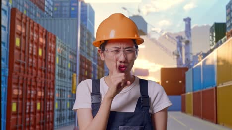 close up of asian woman worker wearing goggles and safety helmet looking at camera and making shh gesture while standing at container yard warehouse