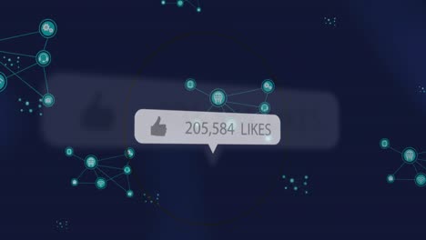 animación de iconos similares con un número creciente y red de iconos digitales contra un fondo azul.
