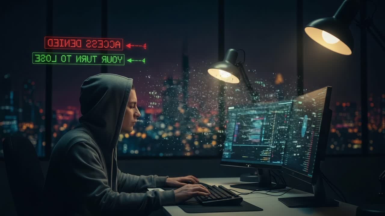 A Cautious Individual Navigates the Digital Realm at Night, Facing Access Denied Alerts on Screens Amidst an Urban Skyline, Representing Cybersecurity Challenges