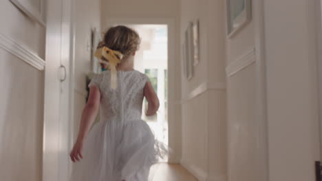 happy little girl running through house wearing tutu excited to play outside child having fun on weekend morning enjoying childhood 4k footage