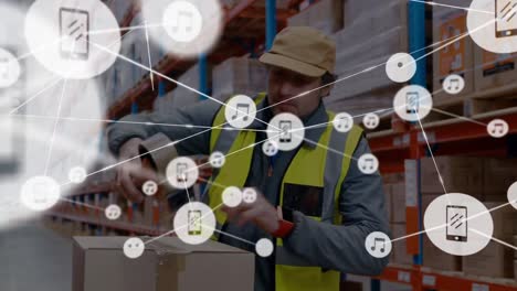 Animation-of-network-of-connections-over-caucasian-male-worker-in-warehouse