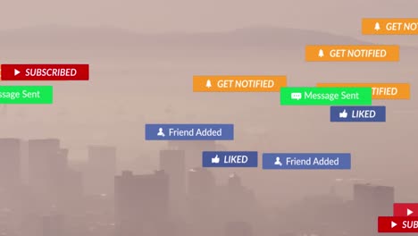 animación de la etiqueta de notificación sobre la niebla cubierta ciudad moderna contra las montañas