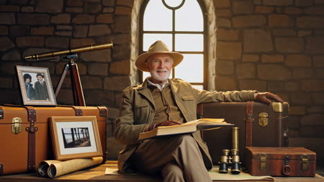 elderly explorer in a vintage study