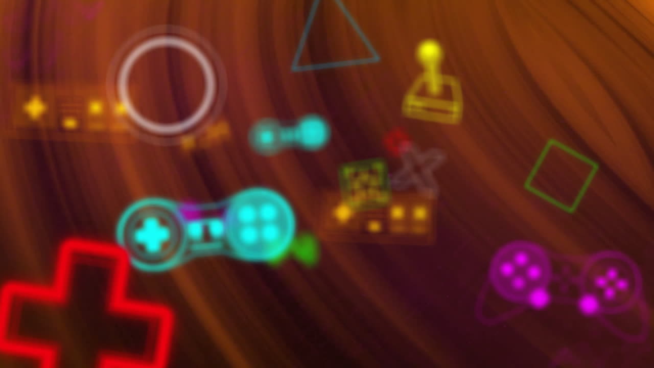 Animation of neon gaming icons over orange lines