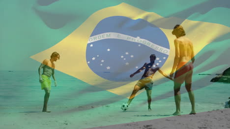 animation of brazilian flag overlaying people playing soccer on sunny beach