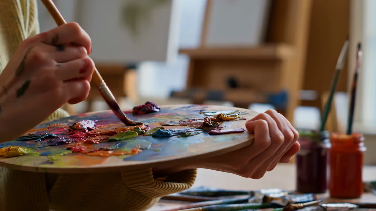Artist's Hands Mixing Colors on a Palette in an Art Studio