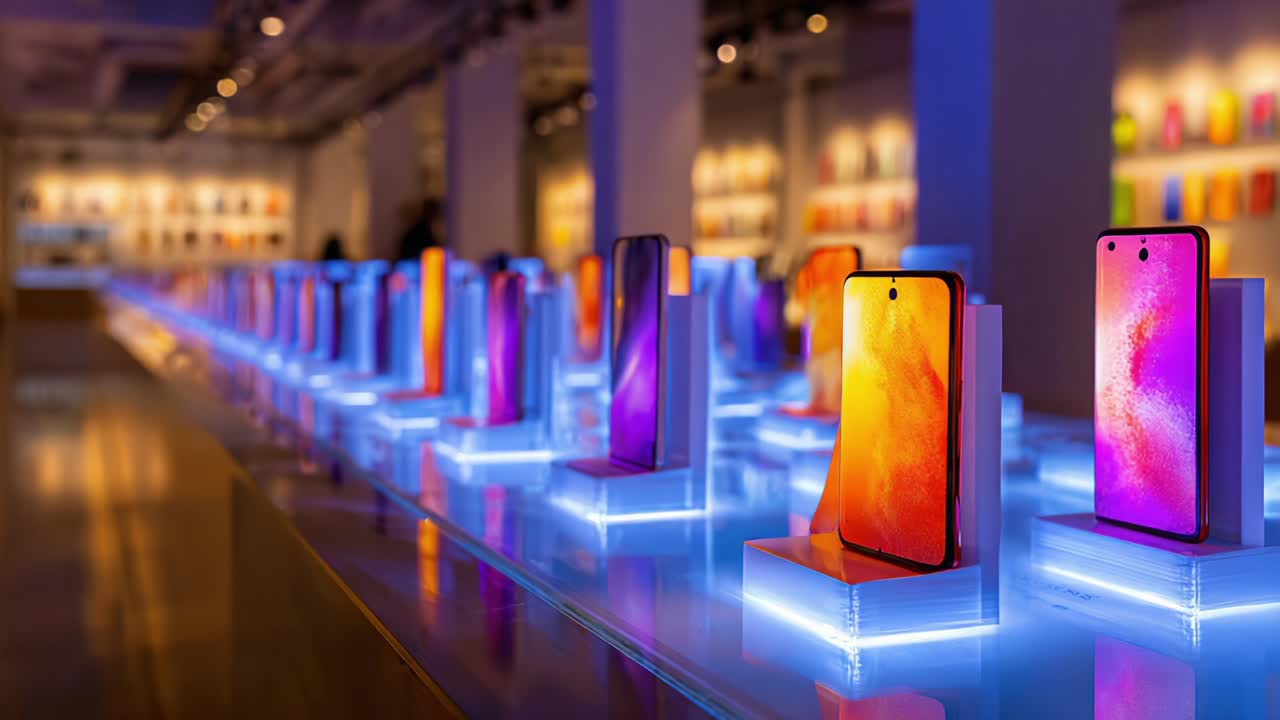 Showroom Display Featuring Modern Smartphones in a Vibrant and Colorful Environment, Showcasing the Latest Technology and Designs Under Ambient Lighting