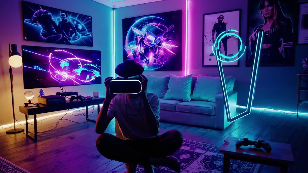 Gamer in VR Headset in a Neon Lit Room