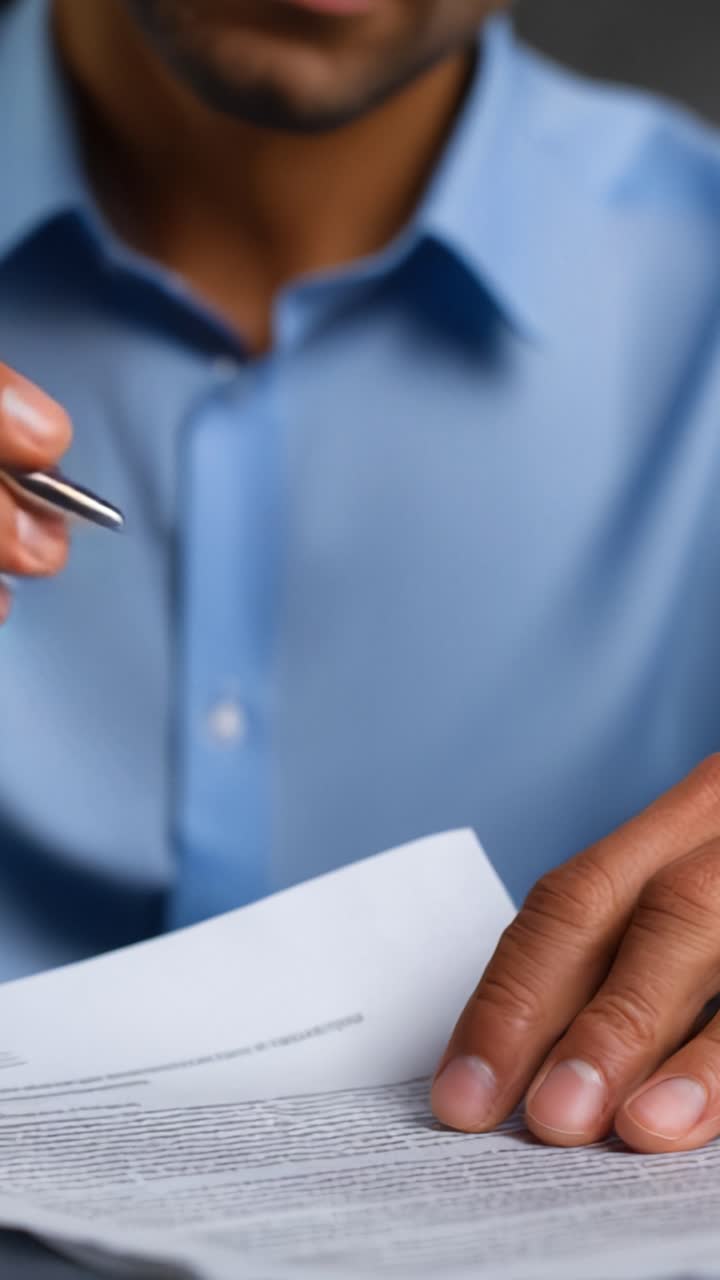 A focused individual diligently reviewing a document, poised to sign their name, showcasing the importance of attention to detail and commitment in paperwork