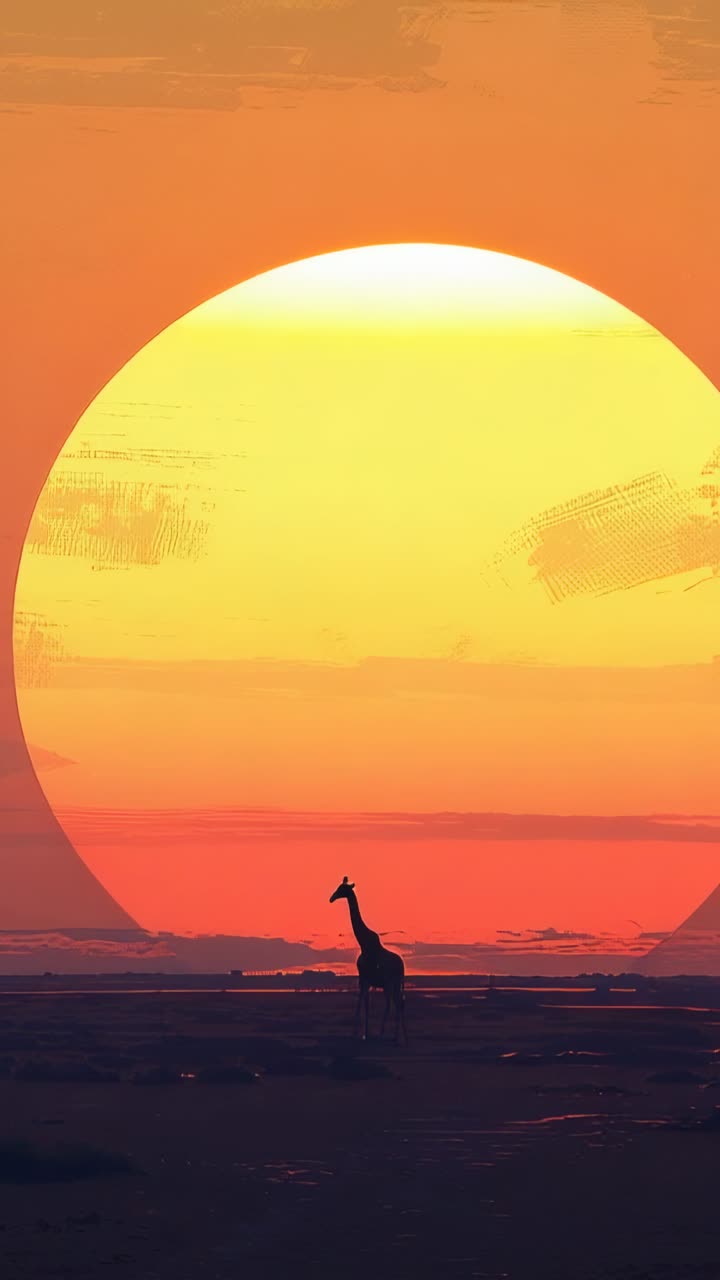 Vertical video: Standing giraffe silhouette remaining still on savanna plain, with glowing sun disc