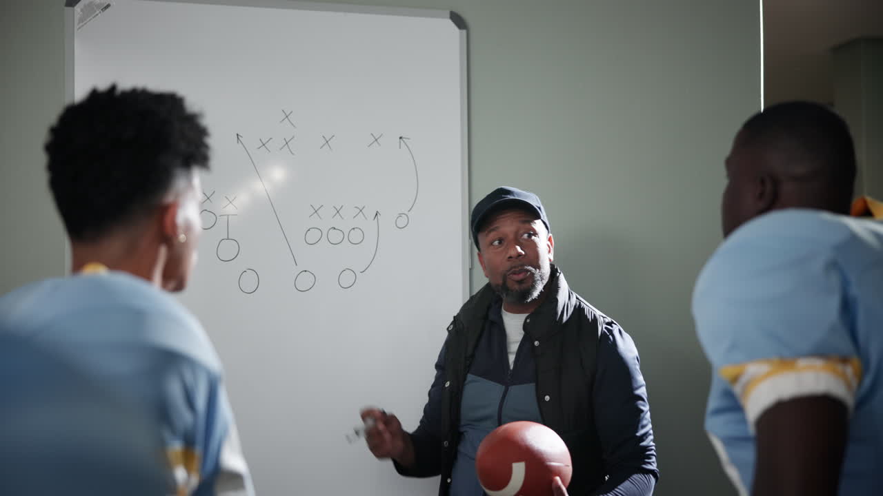 Football coach explaining plays to team