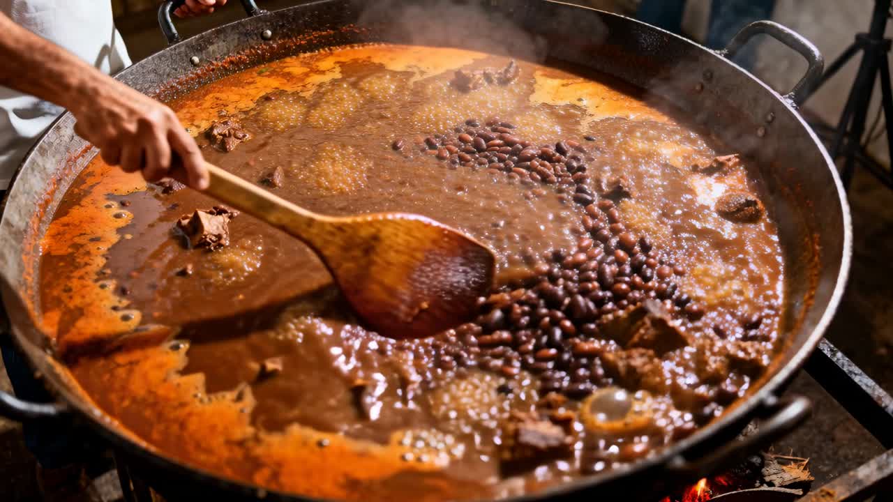 Cozinheiro de camisa branca, com espátula, mexendo feijão e carne em panela sobre a chama, evitando que grude.