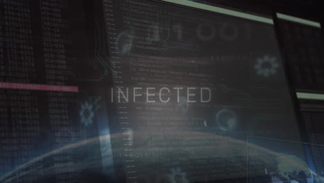 animation of infected text and data processing over globe on black background