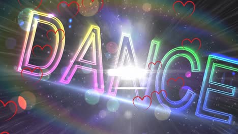 animation of red hearts over neon dance text and spots of light in background