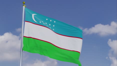 bandera de uzbekistán moviéndose en el viento con un cielo azul claro en el fondo, nubes moviéndose lentamente, asta de la bandera, cámara lenta