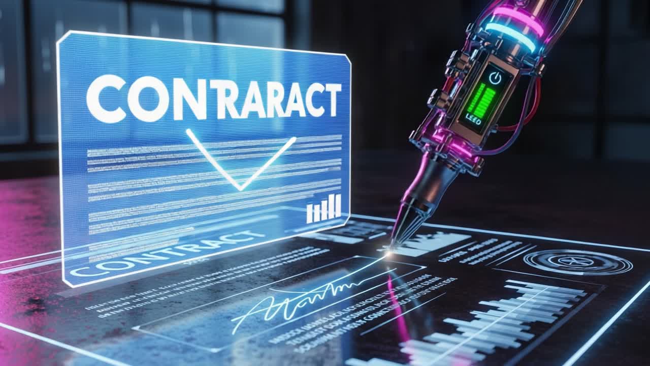 Futuristic Technology: A Robotic Arm Signing a High-Tech Contract Enhanced by Neon Lights and Digital Interface in a Modern Workspace Environment
