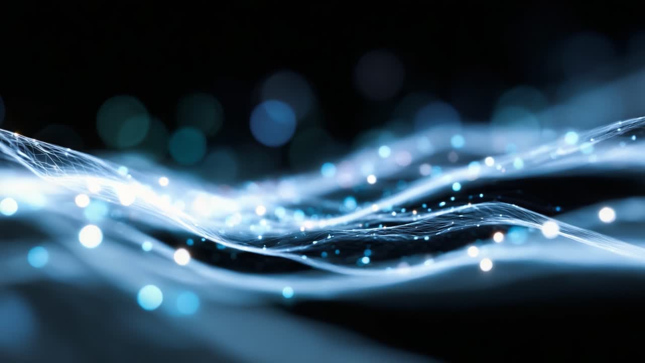 Abstrakte lysbølger med levende farver og bokeh-effekter, der indikerer en digital æstetik og en moderne teknologisk atmosfære i en mørk baggrund.