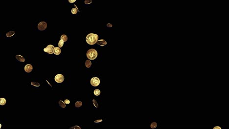 3d 4k bitcoins falling blockchain technology for cryptocurrency isolated on black loop animation