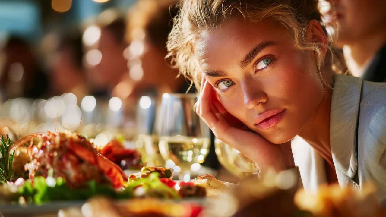 A Captivating Moment: A Young Woman Deep in Thought at a Lavish Dining Table Filled with Delectable Seafood Dishes and Elegant Glassware, Reflecting on Life's Culinary Delights