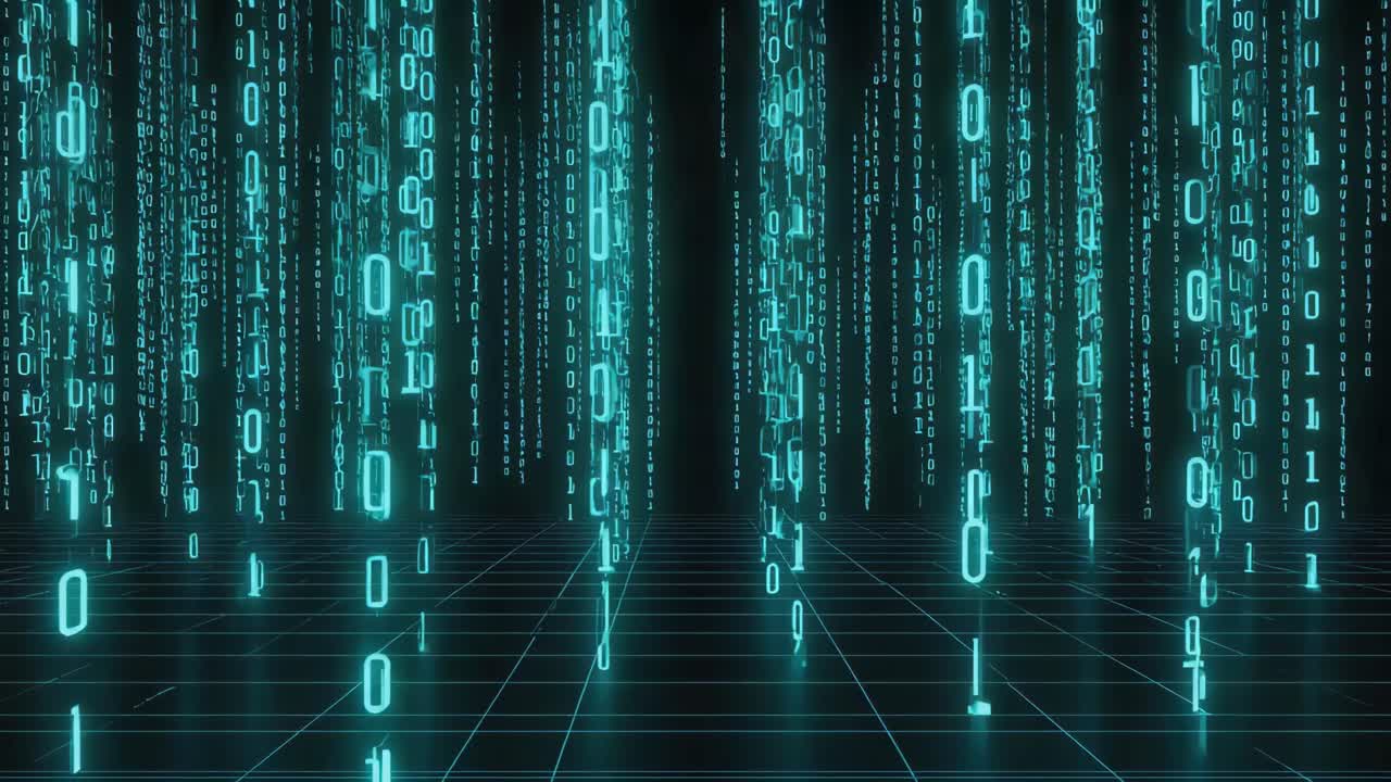 Futuristic Digital Matrix Binary Code Background with Grid