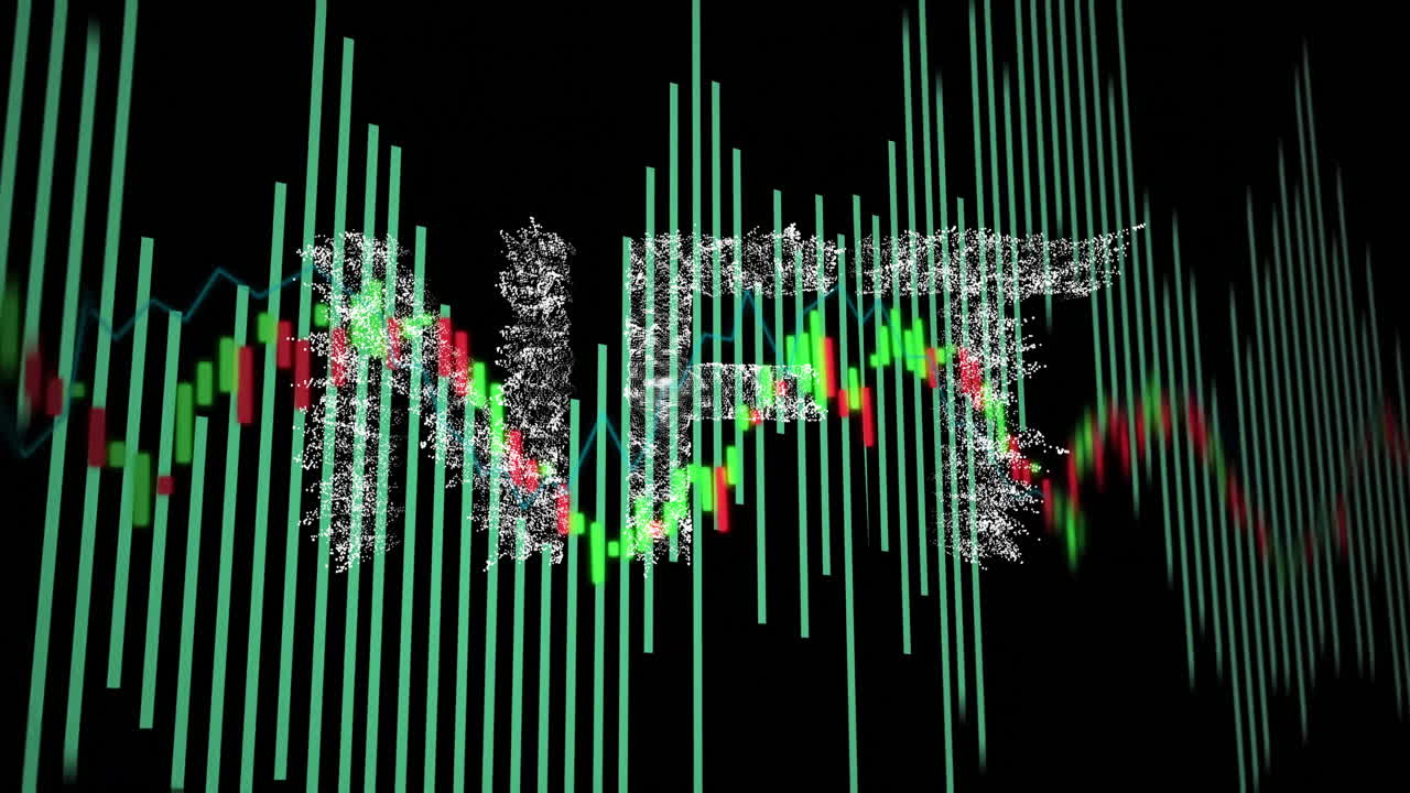 Digital graphs and data visualization with NFT text on black background animation