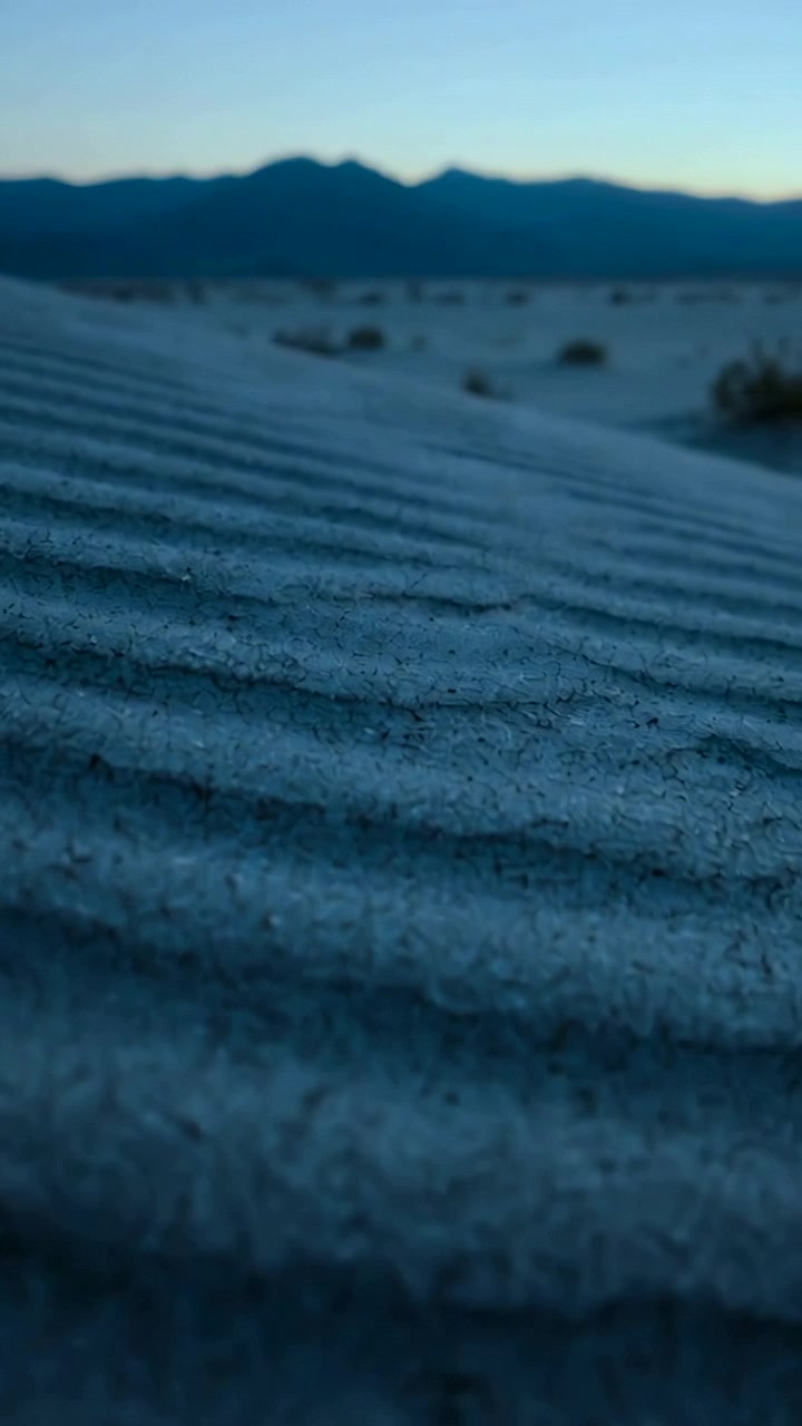 Vertical video: Pulling back camera revealing rippled dune surface at dawn, exposing shrubs, range