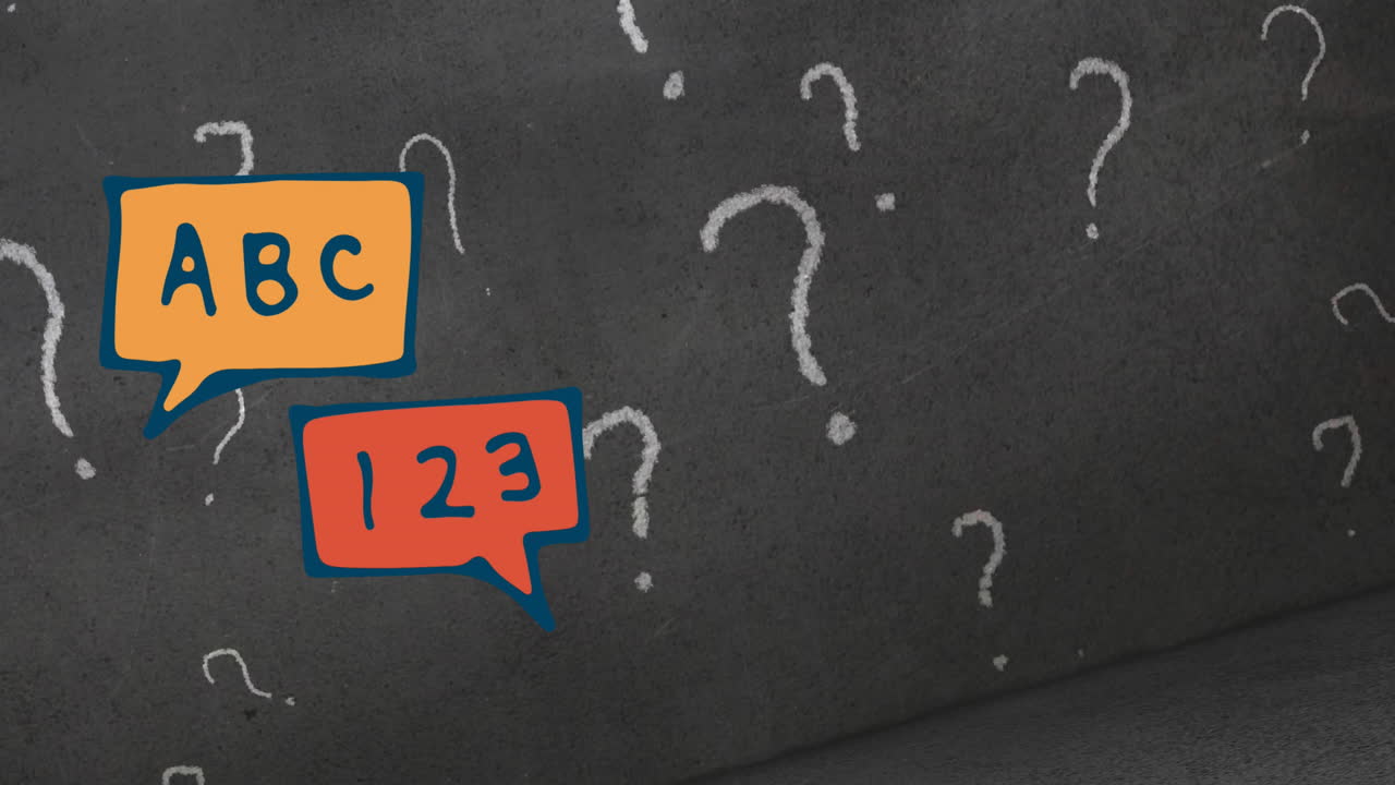 animación de burbujas de habla y signos de interrogación en fondo negro